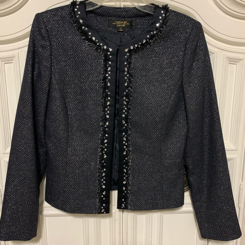 Tahari Luxe Blazer Jacket Rhinestones Silver Navy
